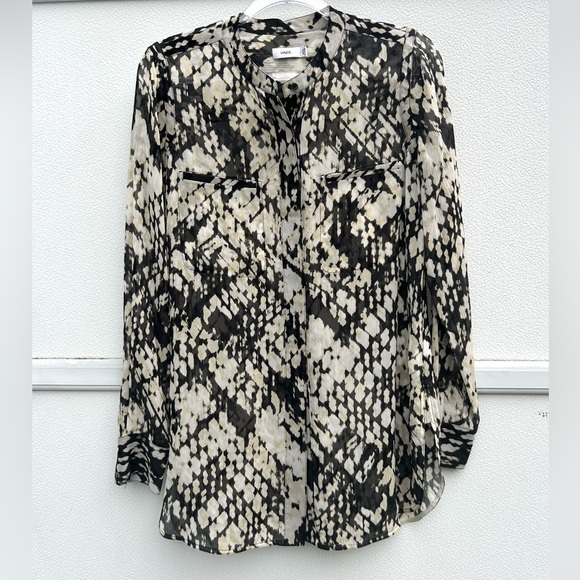 Vince Blouse Top 100% Silk Button Down Tunic Women Sz 2 Basket weave Print Sheer - Picture 10 of 14